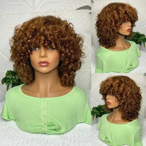 180% Density Rose Curly Short Bob Wig with Bangs Human Hair Brazilian Cerise Alfie