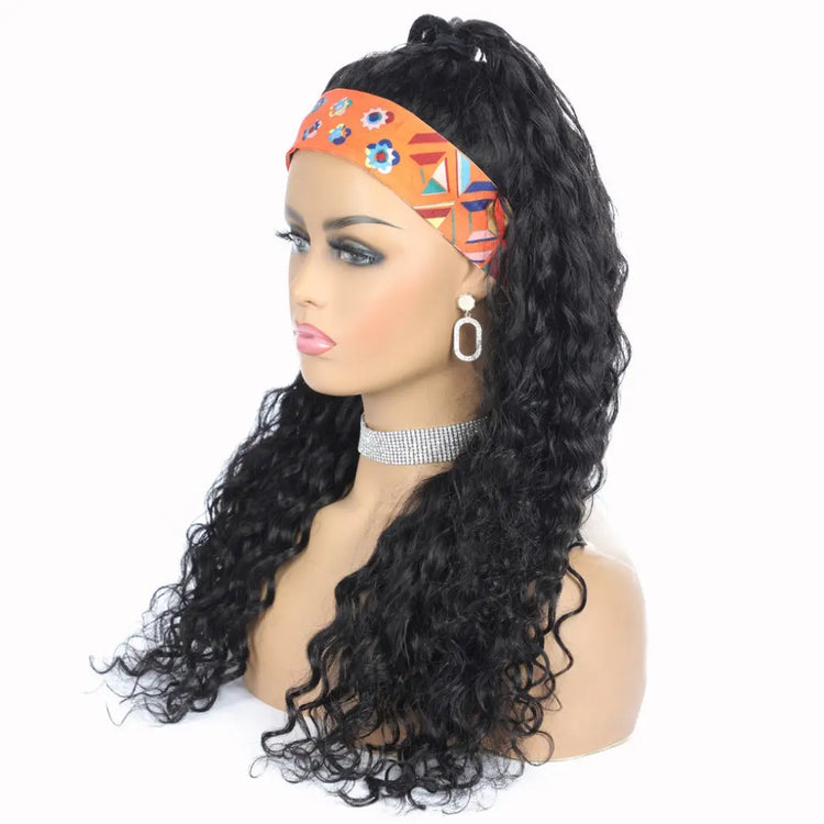 Headband Wig Water Wave Human Hair Scarf Wig No GLUE Easy Wear Cerise Alfie