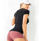 Women Yoga Shirts Sports T Shirt Summer Short Sleeve Round Neck Breathable Stretchy GYM Yoga Slim Fitness Active Top Tee Khamik Shop Online