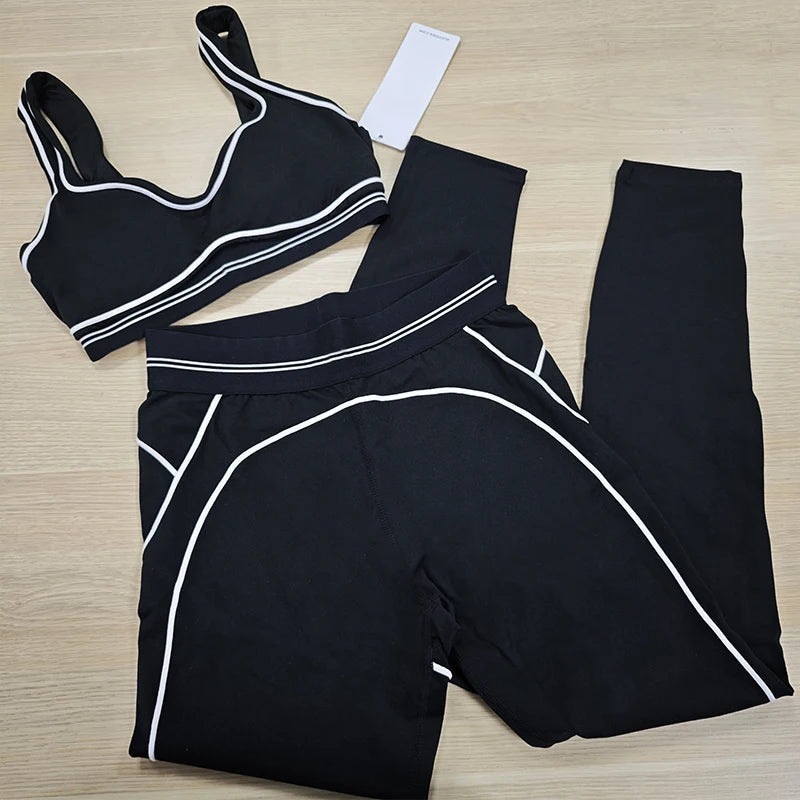 Yoga Suit Women Sport Set Pilates Clothing High Waisted Elasticized Leggings Hip Lifting Pants Gather Top Vest Strip Workout Set Khamik Shop Online
