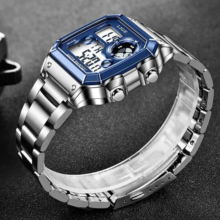 LIGE Fashion Casual Electronic Man Watch Sports Waterproof Luminous Alarm Stainless Steel Band Digital Men&
