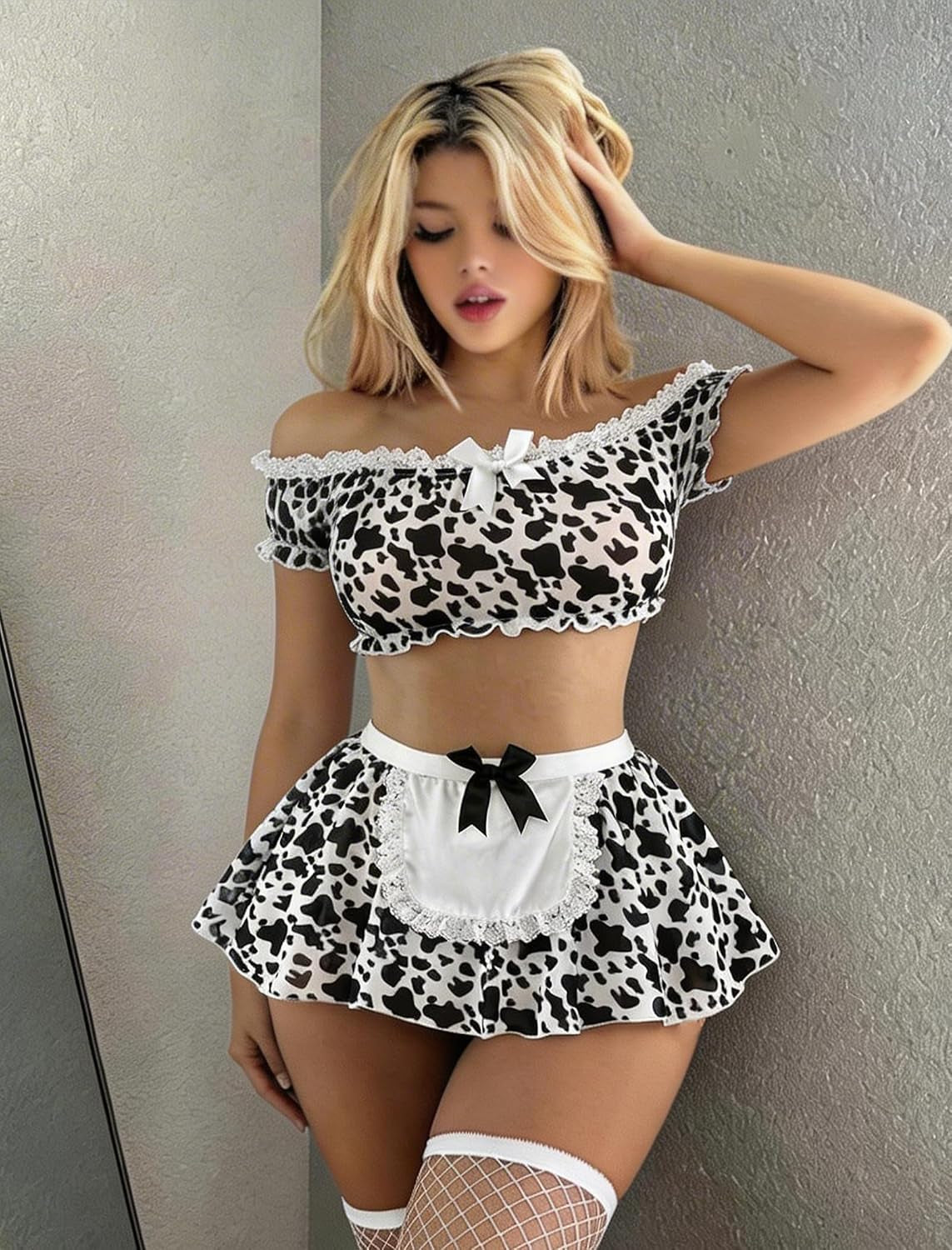Maid Outfit Halloween Costumes Mesh Top Mini Skirt with Thong