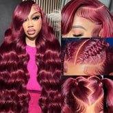 99J Dark Burgundy Colored Body Wave With Bangs Human Hair Wig 13x6 Lace Frontal Wig 13X6 Red Lace Front Human Hair Wigs 13X4 Burgundy 99J Lace Front Wigs Pre Plucked Black Women Khamik Shop Online