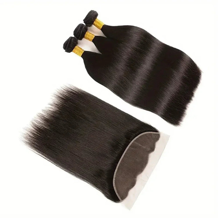 13x4 Transparent  Lace Frontal with Bundles Brazilian Virgin Human Hair With Lace Front Straight Hair Extension Natural Black Khamik Shop Online