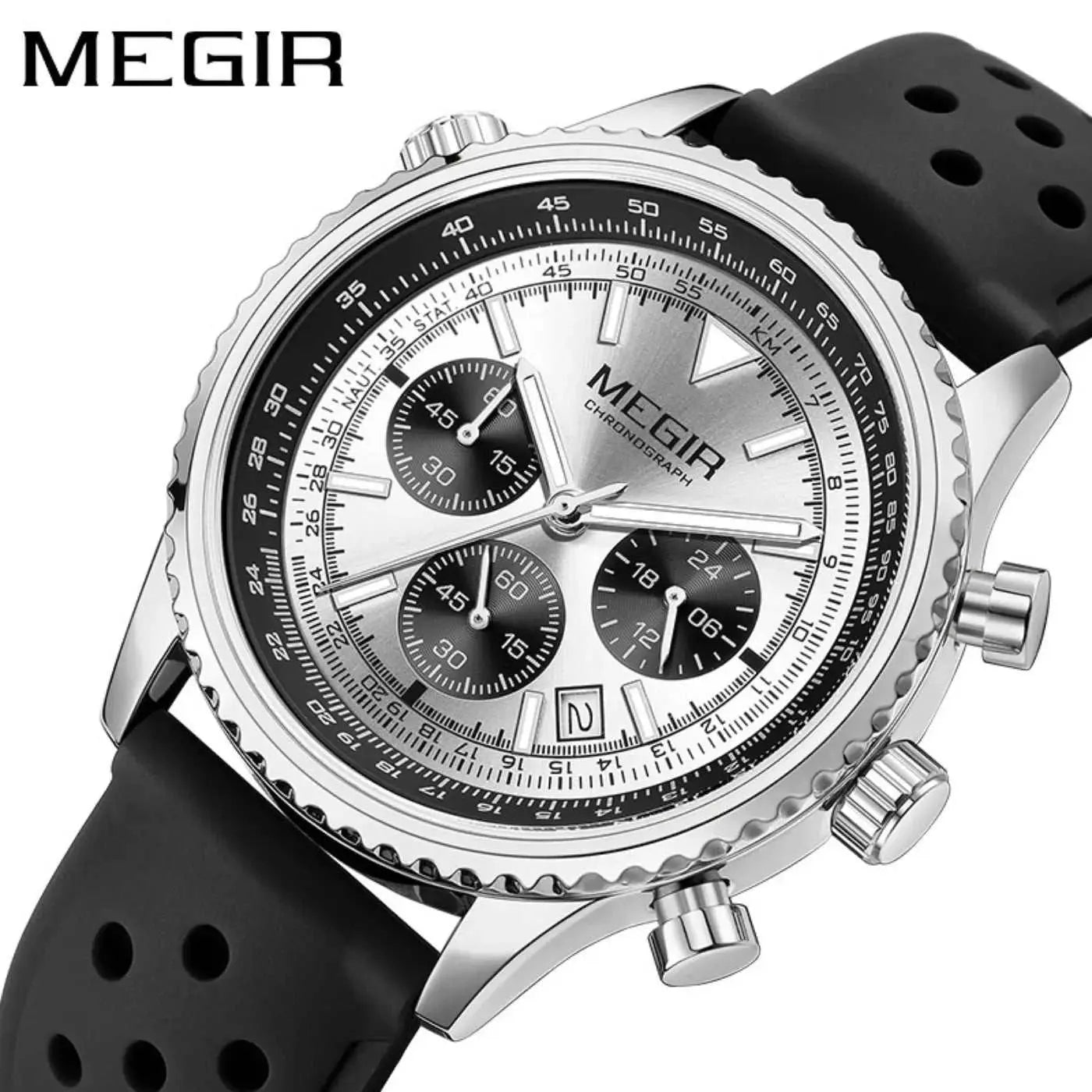 MEGIR Silver Black Quartz Watch Men Military Sport Chronograph Wristwatch with Silicone Strap Luminous Hands Auto Date 2236 Khamik Shop Online