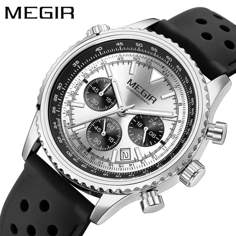 MEGIR Silver Black Quartz Watch Men Military Sport Chronograph Wristwatch with Silicone Strap Luminous Hands Auto Date 2236 Khamik Shop Online