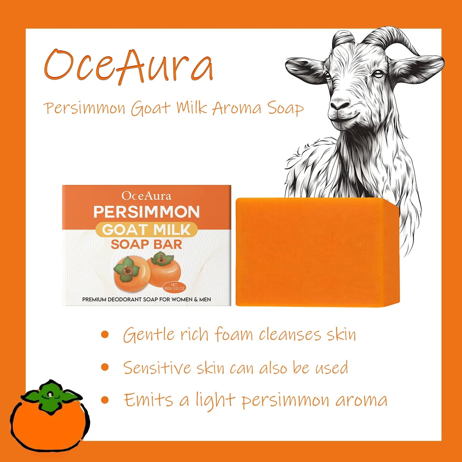 OceAura Persimmon Goat Milk Fragrance Soap Moisturizes, Moisturizes, Mildly Cleanses, Fragrances, Softens and Cares Skin Soap Khamik Shop Online