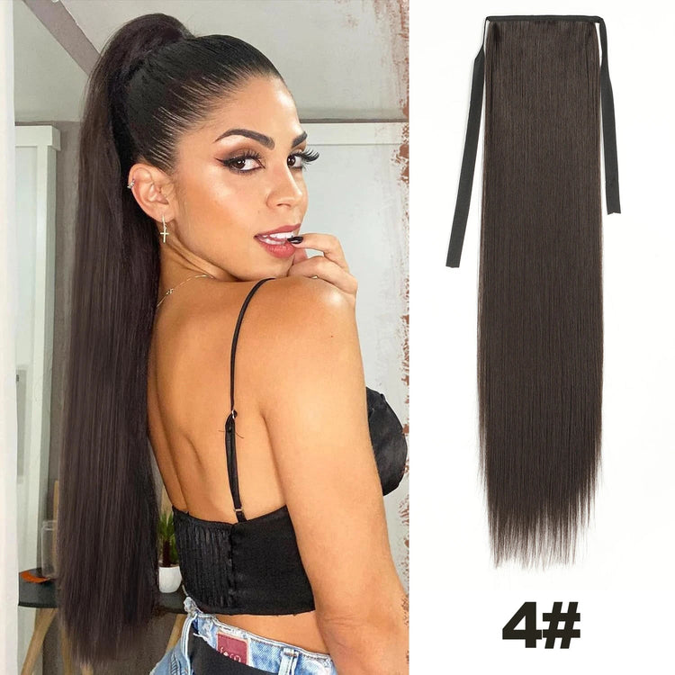 Straight Long Ponytail Extensions 22inch Natural Black Wrap Around Synthetic Hair Piece Pony Tail Hair Hairpieces for Women Girl Khamik Shop Online