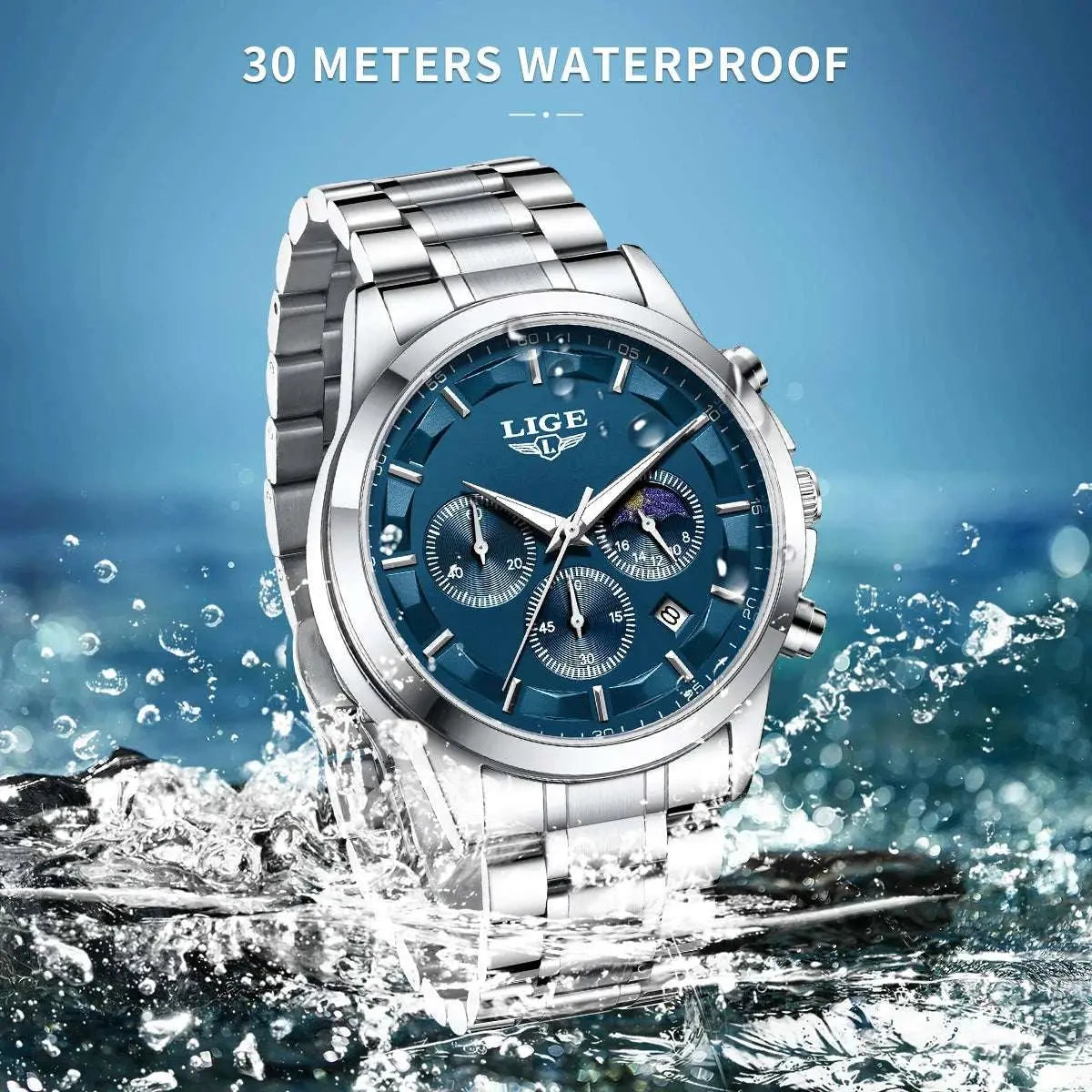 LIGE Luxury Fashion Quartz Man Watch Classic Business Auto Date Gentlemen Steel Band Moon Phase Waterproof Watches for Men Male Khamik Shop Online
