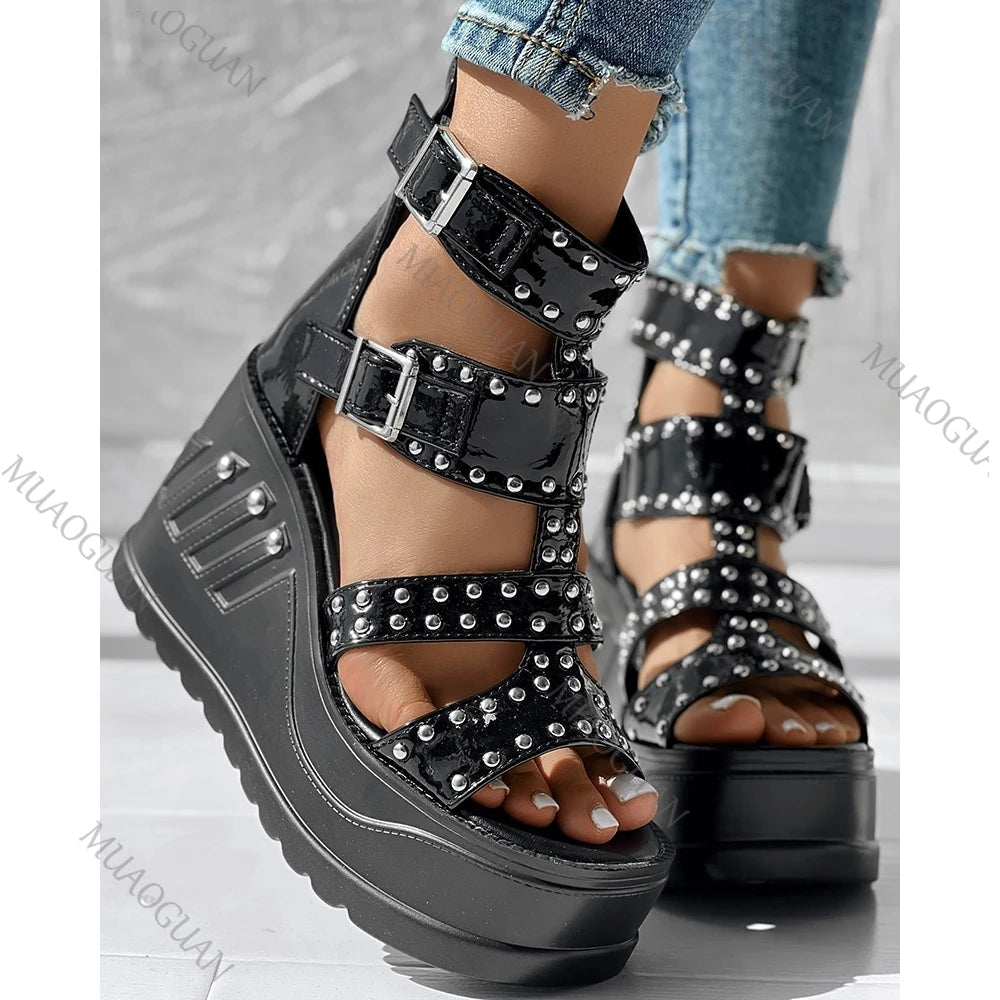 Fashion Women Peep Toe Black Sandals Ladies Summer Casual Sexy Rivets Design Thick Heels Shoes Ankle Buckle Footwears Khamik Shop Online