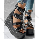 Fashion Women Peep Toe Black Sandals Ladies Summer Casual Sexy Rivets Design Thick Heels Shoes Ankle Buckle Footwears Khamik Shop Online