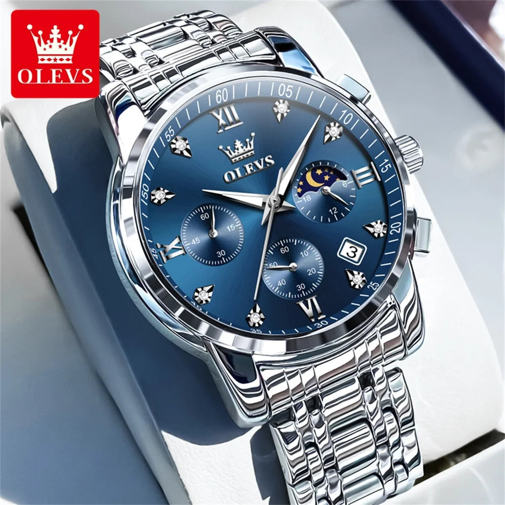OLEVS 2858 Quartz Watch for Men Classic Three Eye Chronograph Small Dial 24 Hour Moon Phase Luxury Original Men&