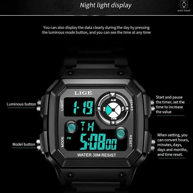 LIGE Fashion Casual Electronic Man Watch Sports Waterproof Luminous Alarm Stainless Steel Band Digital Men&