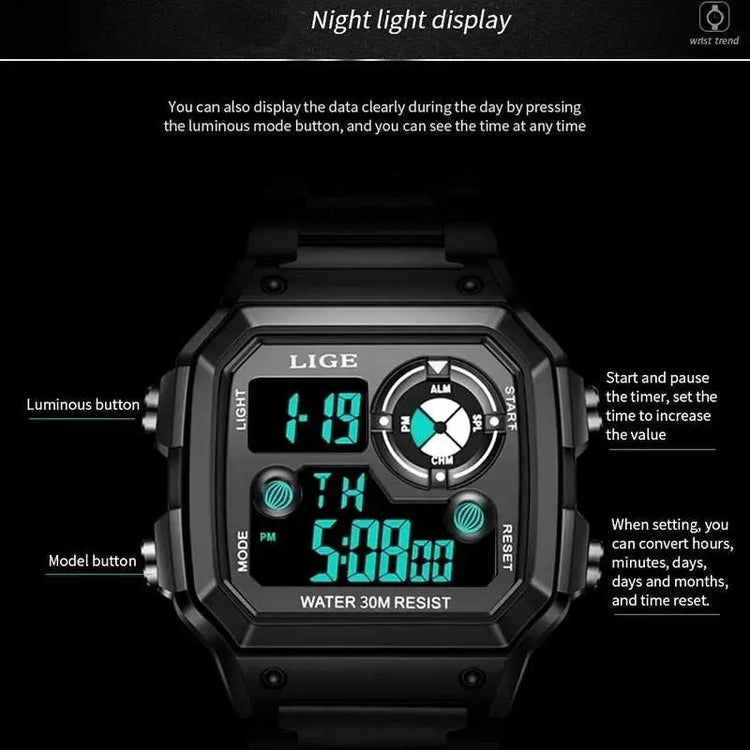 LIGE Fashion Casual Electronic Man Watch Sports Waterproof Luminous Alarm Stainless Steel Band Digital Men&