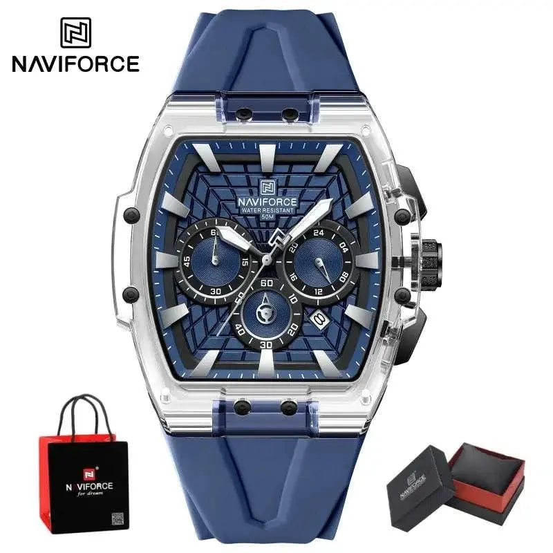 NAVIFORCE Mens Sport Watches 5ATM Waterproof Chronograph Tonneau Silicone Strap Luminous Casual Quartz Male Wristwatch Gifts box Khamik Shop Online