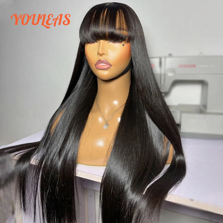 Bone Straight With Bangs 100% Human Hair Wig 360 Precut Transparent Lace Front Hair Wig Virgin Hair For Woman For Clearance Khamik Shop Online