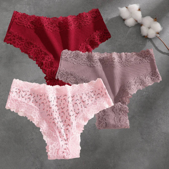 3Pcs Cotton Lace Patchwork Bikini Panties Women Seamless Floral Print Brazilian Pants Low Waist Breathable Female Sexy Lingerie Khamik Shop Online