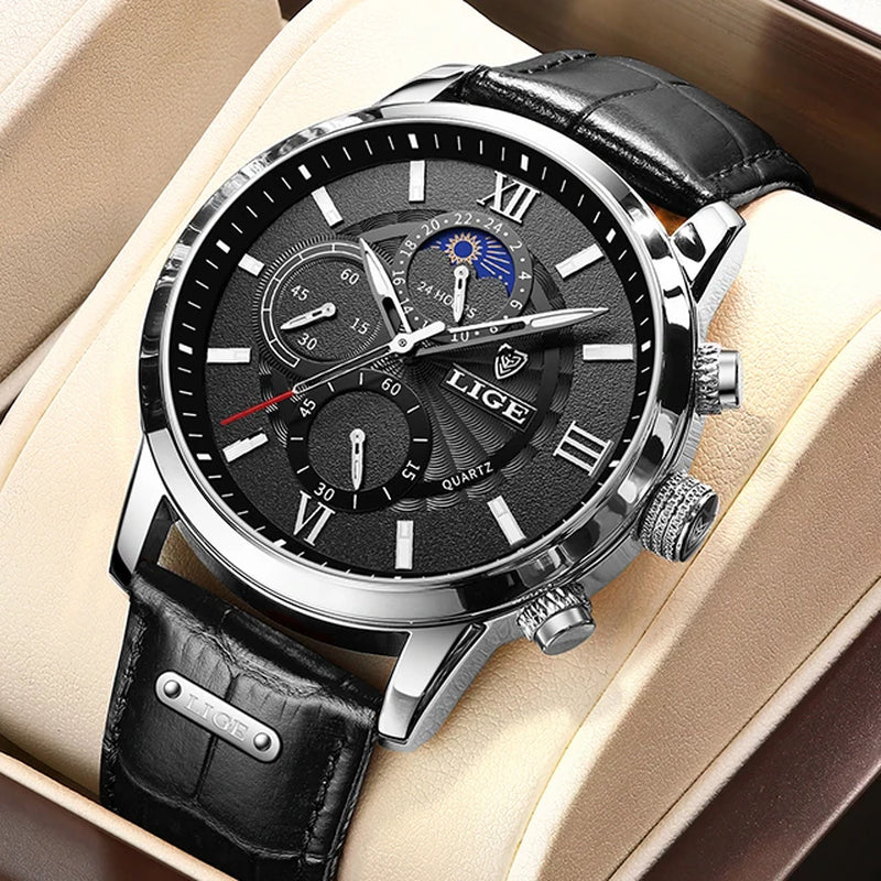 2026  Watches Mens Top Brand Luxury Clock Casual Leathe 24Hour Moon Phase Men Watch Sports Waterproof Quartz Chronograph+Box