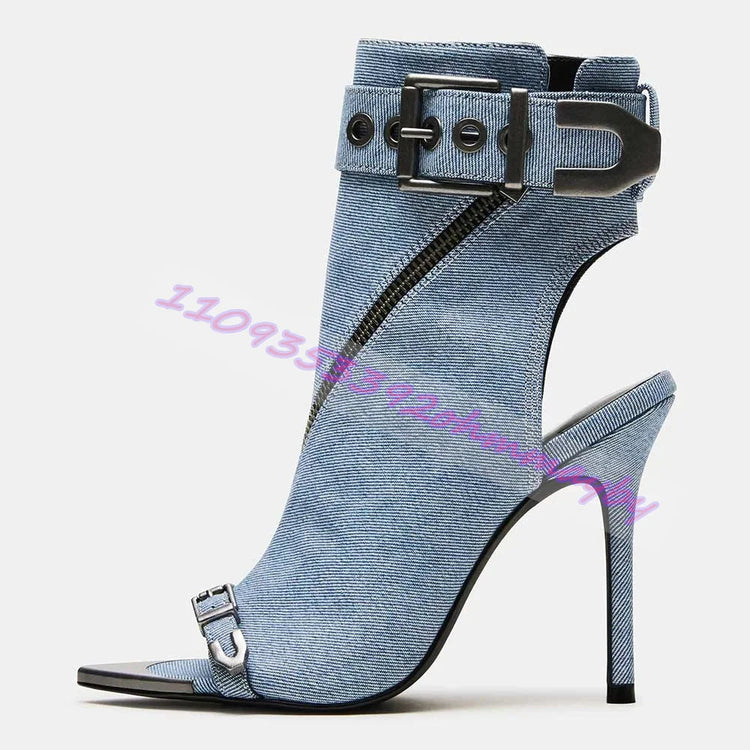 Summer Blue Denim Pointed-Toe Boots For Women Open-Toe Leather Belt Buckle Sandals Fashion Metal Pointed-Toe Zipper High Heels Khamik Shop Online