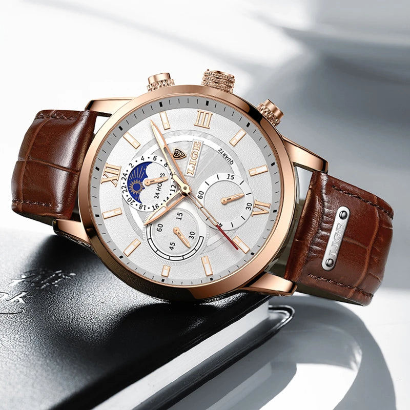 2026  Watches Mens Top Brand Luxury Clock Casual Leathe 24Hour Moon Phase Men Watch Sports Waterproof Quartz Chronograph+Box