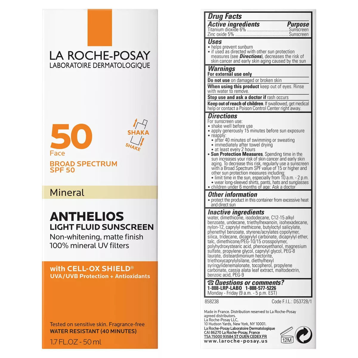 La Roche Posay Anthelios Ultra-Light Fluid Mineral Face Sunscreen with Zinc Oxide – SPF 50 - 1.7 Fl Oz: Oxybenzone-Free, Unscented