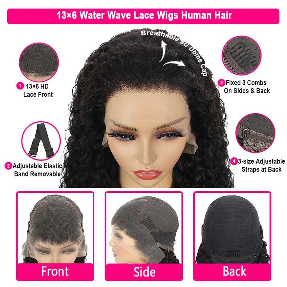 100% Brazilian Human Hair 13x6 Water Wave HD Lace Front Wig 180% Density Glueless Pre Plucked Deep Curly 5x5 HD Lace Closure Wig Khamik Shop Online