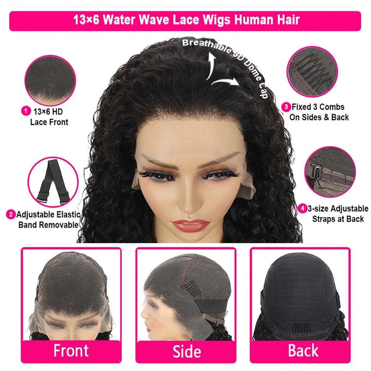 100% Brazilian Human Hair 13x6 Water Wave HD Lace Front Wig 180% Density Glueless Pre Plucked Deep Curly 5x5 HD Lace Closure Wig Khamik Shop Online