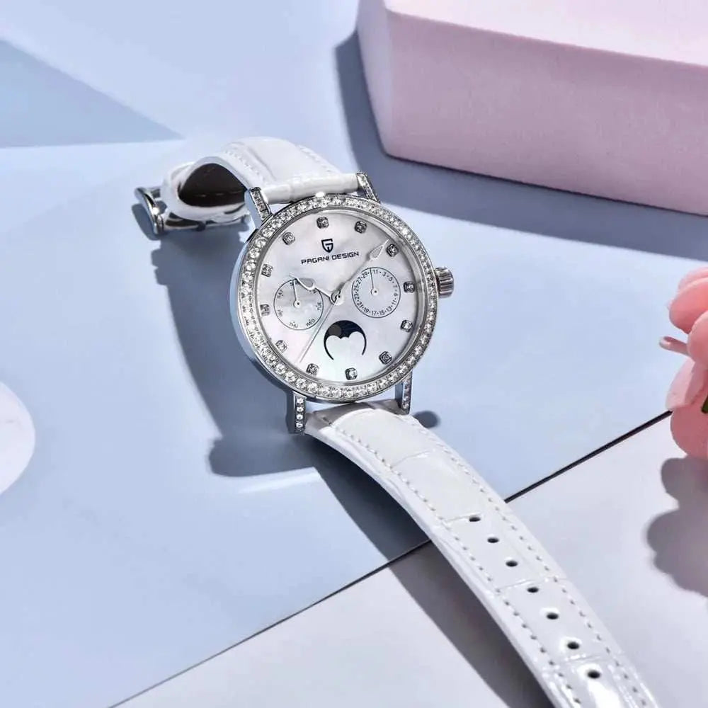 PAGANI DESIGN Women Quartz Watch Mop Dial Diamond Bezel Moon Phase Week Date Multi-function 50M Waterproof White Leather watch Khamik Shop Online