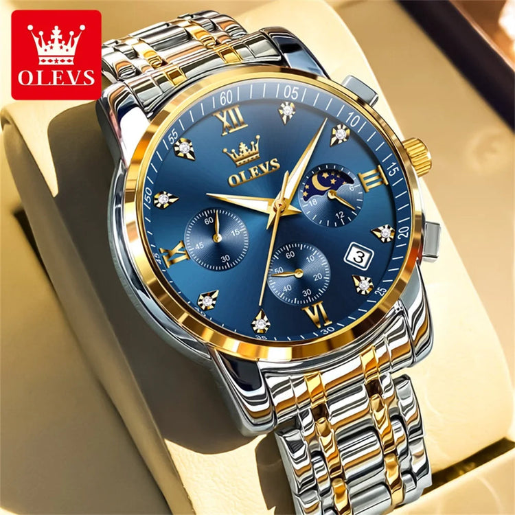 OLEVS 2858 Quartz Watch for Men Classic Three Eye Chronograph Small Dial 24 Hour Moon Phase Luxury Original Men&