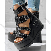 Fashion Women Peep Toe Black Sandals Ladies Summer Casual Sexy Rivets Design Thick Heels Shoes Ankle Buckle Footwears Khamik Shop Online