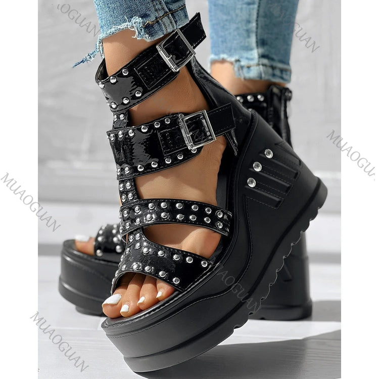 Fashion Women Peep Toe Black Sandals Ladies Summer Casual Sexy Rivets Design Thick Heels Shoes Ankle Buckle Footwears Khamik Shop Online