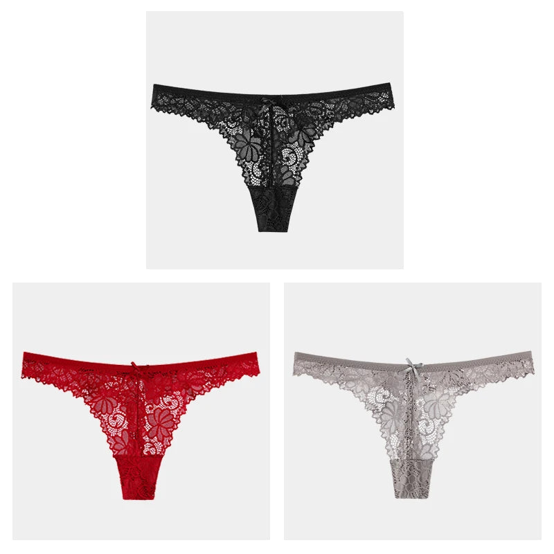 3Pcs/Lot Sexy Lace Thong Low Waist Lace Transparent Panties Women Hollow Out Breathable G String Briefs Bow Underwear Lingerie