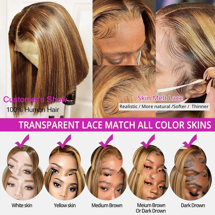 Highlight Dark Brown Blonde Straight Bob Wig 200 Density Virgin Human Hair 13x4 Lace Front Wigs HD Lace Wigs For Black Women Khamik Shop Online