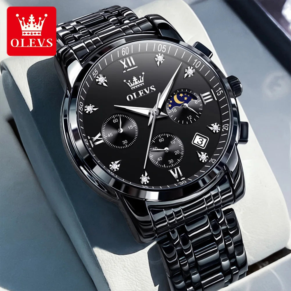 OLEVS 2858 Quartz Watch for Men Classic Three Eye Chronograph Small Dial 24 Hour Moon Phase Luxury Original Men&