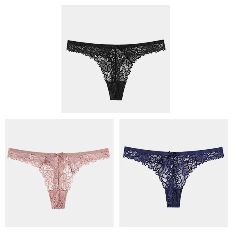 3Pcs/Lot Sexy Lace Thong Low Waist Lace Transparent Panties Women Hollow Out Breathable G String Briefs Bow Underwear Lingerie