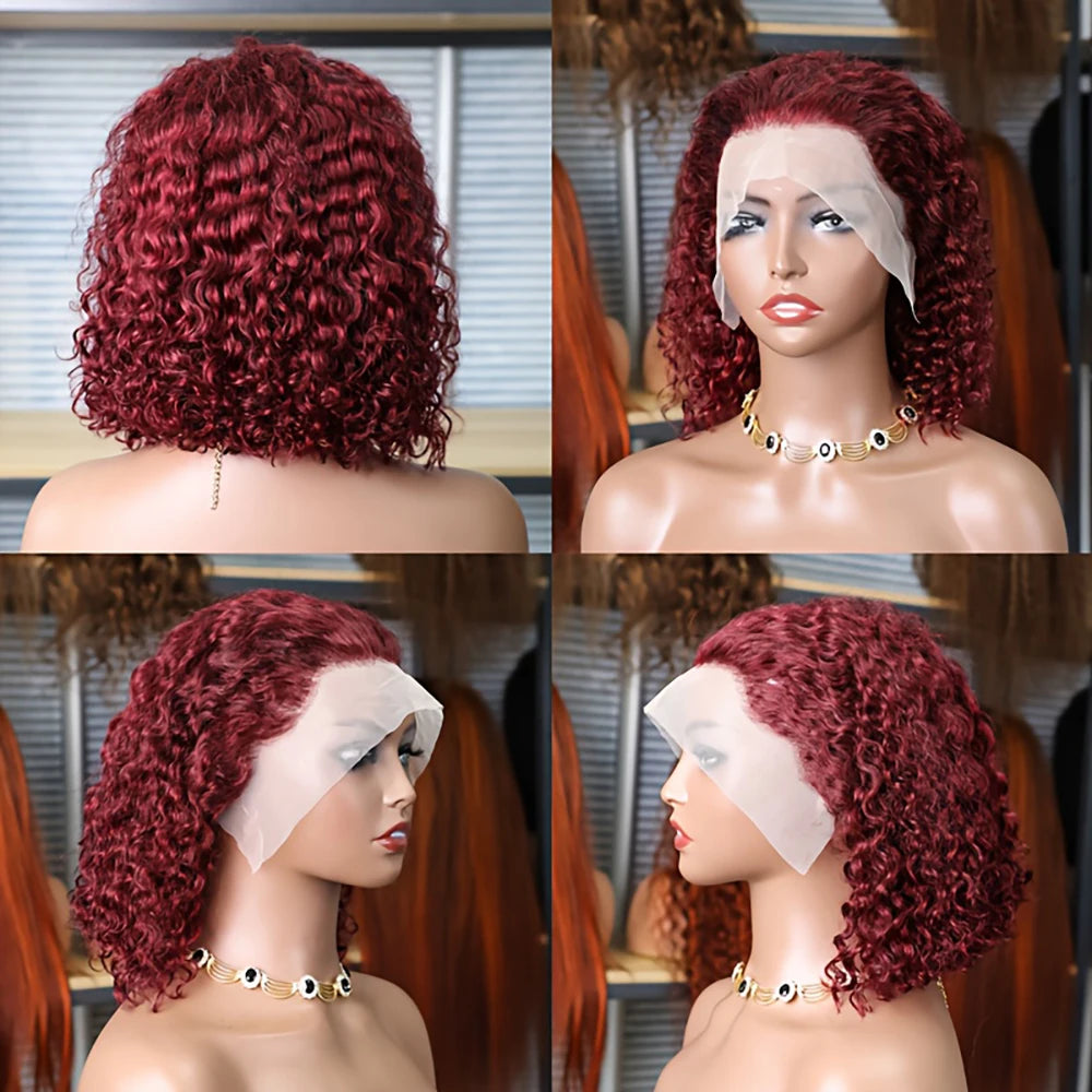 99J Burgundy Color Deep Wave Short Bob Human Hair Wigs 13x4 Lace Front Wig 10-16 Inch 100% Human Hair Curly Bob Wig 250% Density Khamik Shop Online