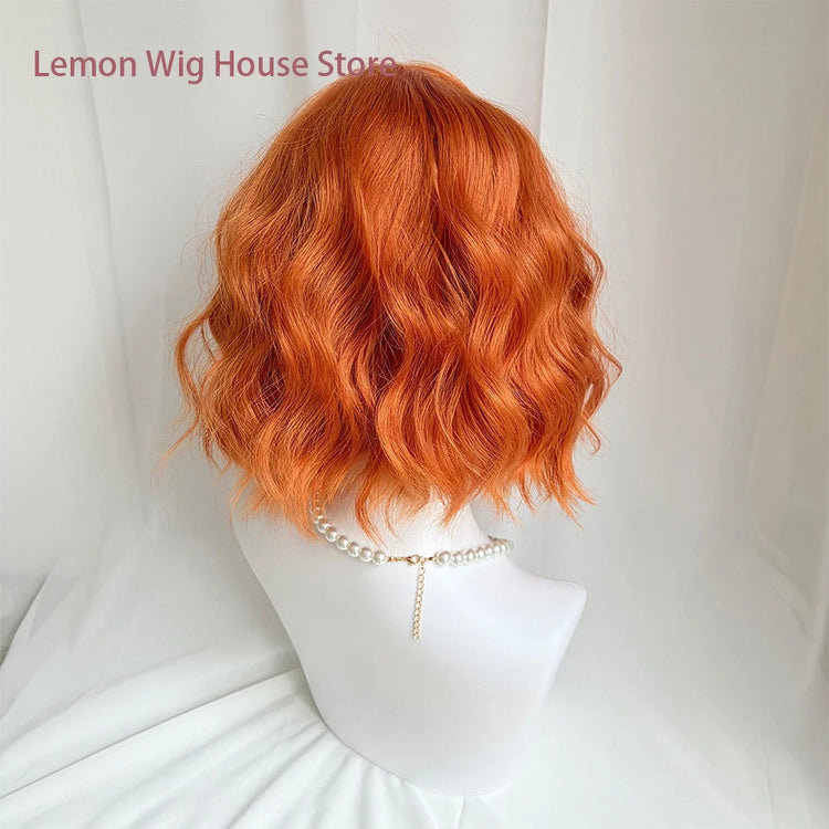 Short Wavy Orange Wig with Bangs 12inch Curly Hair Lolita High Quality Synthetic Wigs for Women Daily Cosplay Wig Heat Resistant Khamik Shop Online
