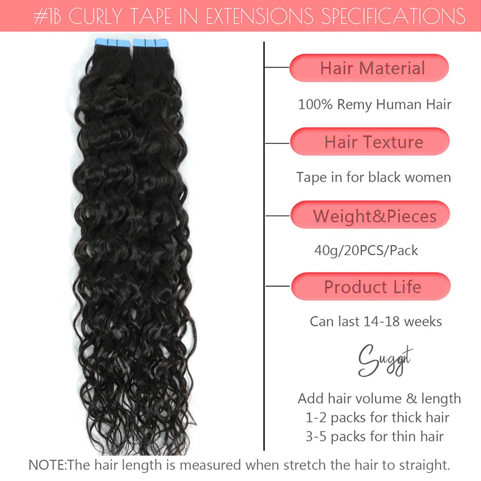 Water Wave Tape in Human Hair Extension Brazilian Hair Skin Weft Tape in Curly Human Hair 20 Pcs/Set Black Brown Blonde Color Khamik Shop Online