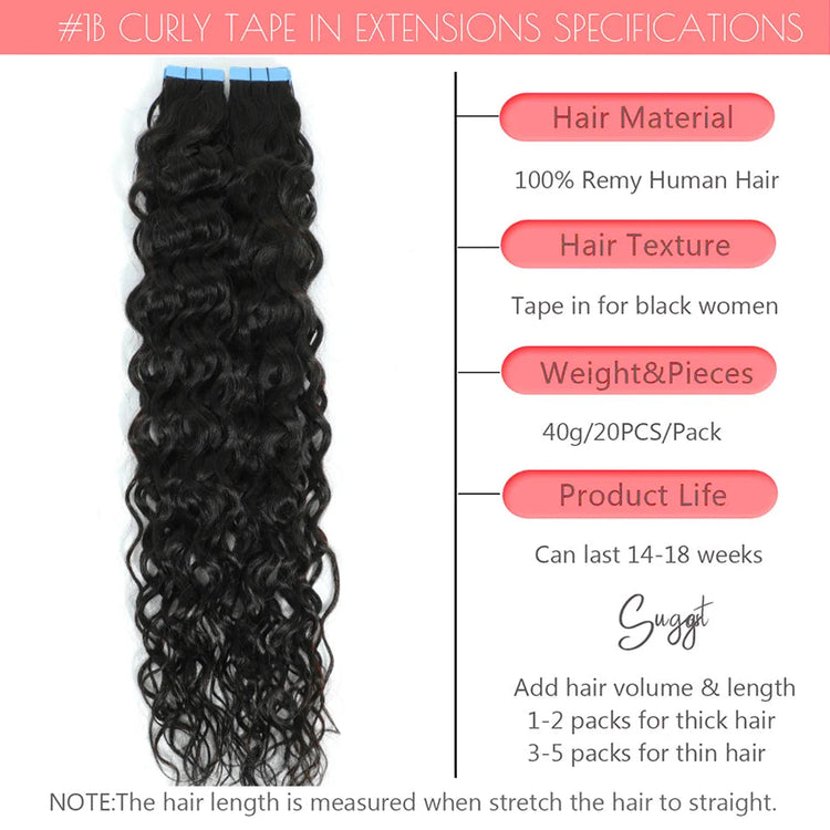 Water Wave Tape in Human Hair Extension Brazilian Hair Skin Weft Tape in Curly Human Hair 20 Pcs/Set Black Brown Blonde Color Khamik Shop Online
