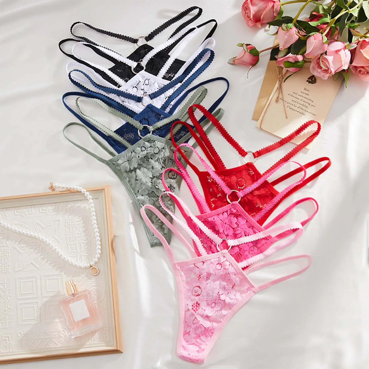 Women Strappy Hollow Briefs Underwear Ring Link Straps Low Rise Floral Lace Panties Ladies Translucent Sexy Underpants Lingerie