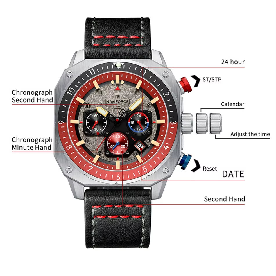 Sports Multifunction Waterproof Watches for Men Fashion Leather Luxury Brand Quartz Analog Luminous Square Wrist Watch