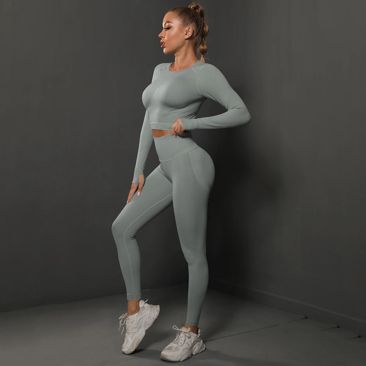 2Pcs Women Sets Energy Seamless Gym Suits Bubble Butt Sports Pants+Long Sleeve Shirts Push Up Running Sets Tracksuits Tights Set Khamik Shop Online