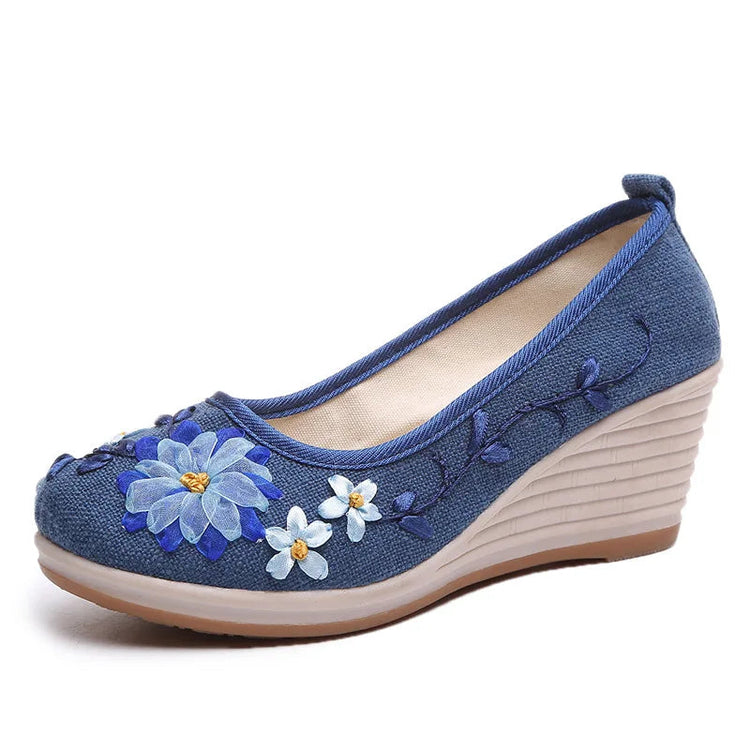 Embroidered Women Comfort Wedge Platform Shoes Fashion Bowknot Ladies High Heels Pumps Vintage Ethnic Female Heeled  Footwears Khamik Shop Online