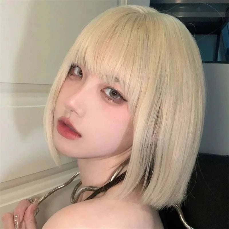Light blonde fashion synthetic wig Short female Bob hair Female short straight high temperature silk wig head cover Khamik Shop Online