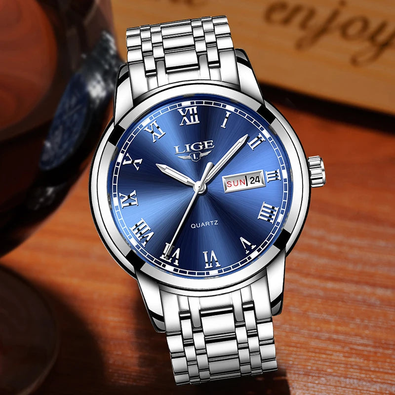 LIGE Top Brand Luxury Quartz Man Watch Fashion Business Stainless Steel Watches for Men Waterproof Casual Auto Date Weeks Clocks