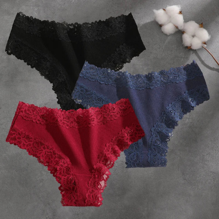 3Pcs Cotton Lace Patchwork Bikini Panties Women Seamless Floral Print Brazilian Pants Low Waist Breathable Female Sexy Lingerie Khamik Shop Online