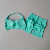Sexy Halter Neck Beautiful Back High Waist Peach Sports Bras Shorts Suit Pilates Gathering Yoga Vest Training Fitness Bra Sets Khamik Shop Online