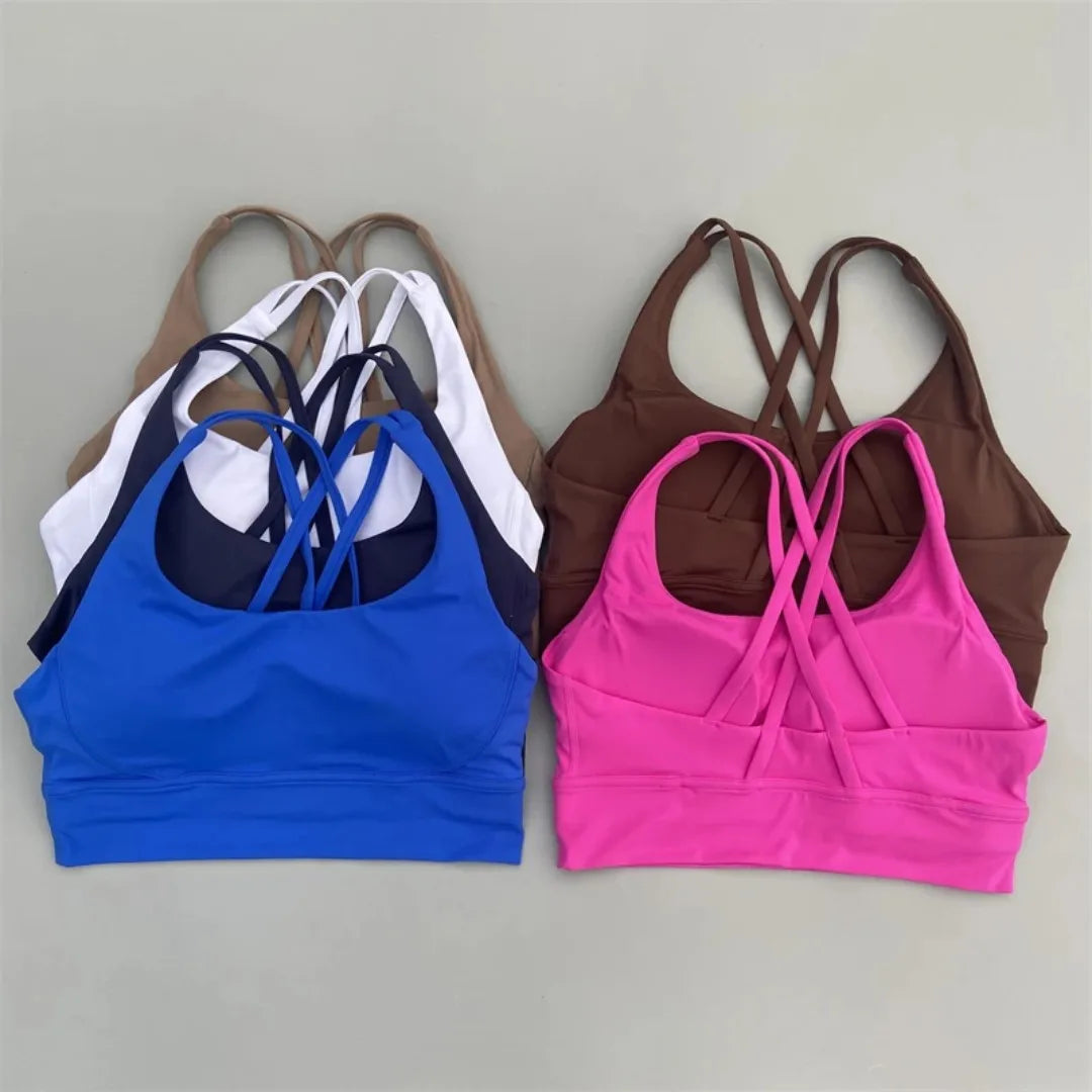 Solid Color Soft Cross Back Women Fitness Bra Tights Yoga Vest High Strength Shockproof Gym Sports Top Push Up With Chest Pad Khamik Shop Online