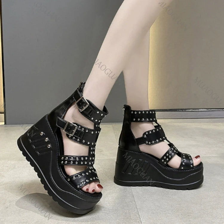 Fashion Women Peep Toe Black Sandals Ladies Summer Casual Sexy Rivets Design Thick Heels Shoes Ankle Buckle Footwears Khamik Shop Online