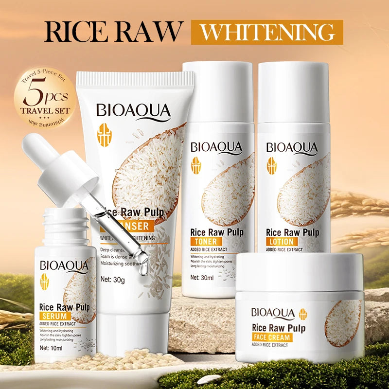 Rice Puree Skin Care Set Whitening Brighten Hydrating Moisturize Soothing facial cleanser+toner+essence+lotion+cream skincare Khamik Shop Online